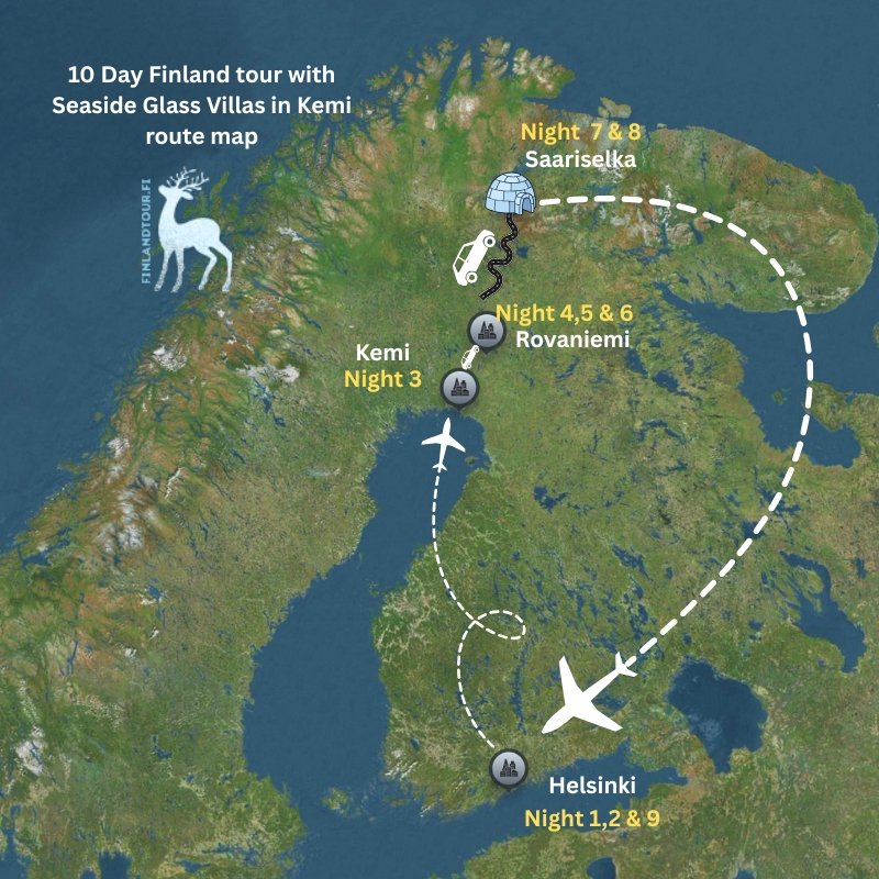 Illustrated route map of a 10-day Finland winter tour showing travel from Helsinki to Kemi, Rovaniemi, and Saariselkä with flight and road journey paths across Finnish Lapland.