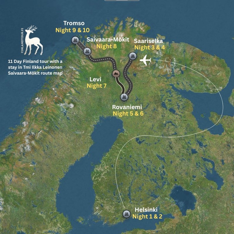 Route map of an 11-day Finland and Norway Arctic tour showing travel from Helsinki to Saariselkä, Rovaniemi, Levi, Saivaara-Mökit in Kilpisjärvi, and Tromsø with overnight stays marked for each destination.