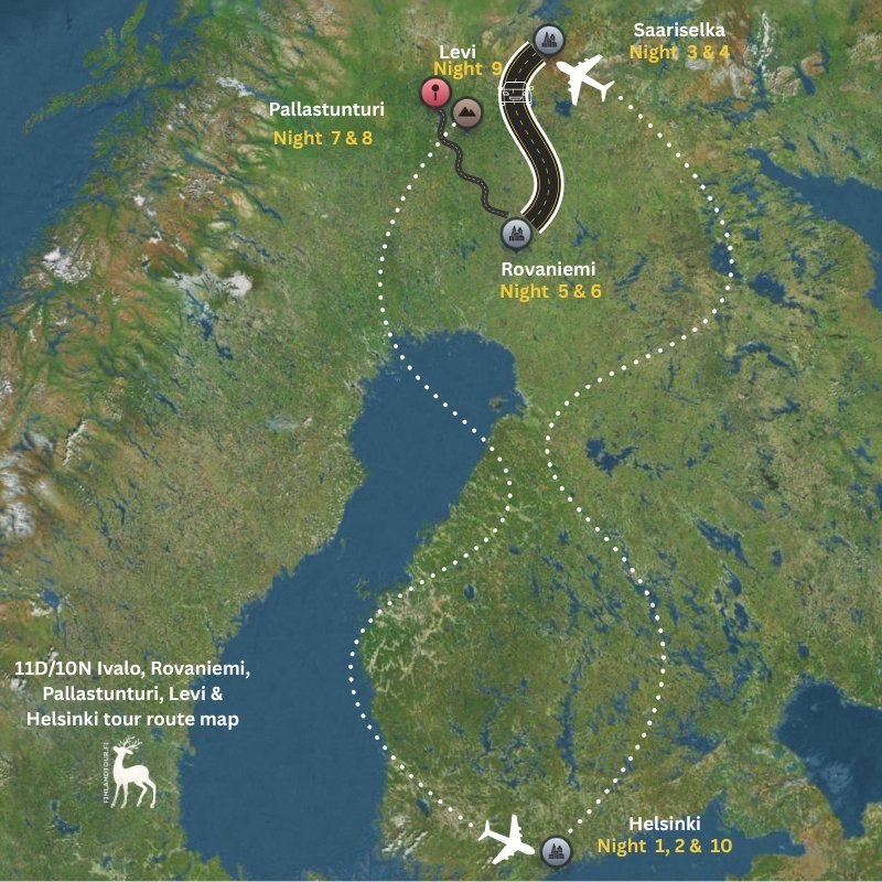 Route map of an 11-day Finland northern lights tour showing travel through Helsinki, Saariselkä, Rovaniemi, Pallastunturi, and Levi with overnight stays marked across Finnish Lapland.