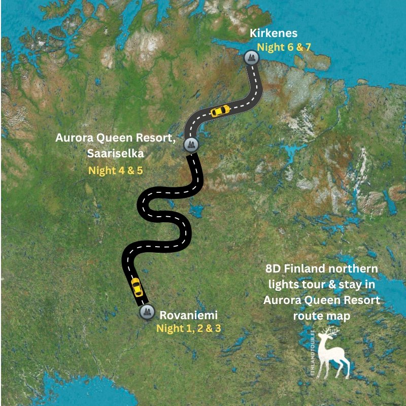 Route map of an 8-day Finland and Norway northern lights tour showing travel from Rovaniemi to Saariselkä’s Aurora Queen Resort and Kirkenes with overnight stays marked across Arctic Lapland.