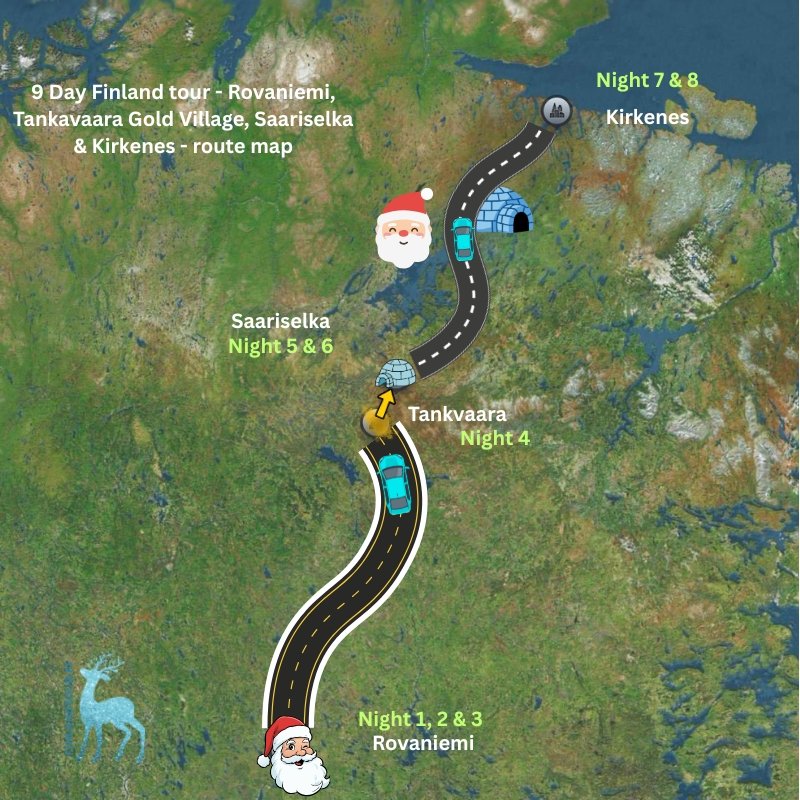 Illustrated route map of a 9-day Lapland tour showing travel from Rovaniemi to Tankavaara Gold Village, Saariselkä, and Kirkenes with icons of Santa, igloos, and vehicles.