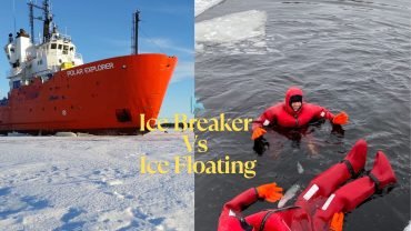 Comparison image of an Icebreaker Cruise in Kemi and Ice Floating in Rovaniemi, showing the Polar Explorer icebreaker ship on the left and participants floating in icy Arctic water wearing red thermal survival suits on the right.