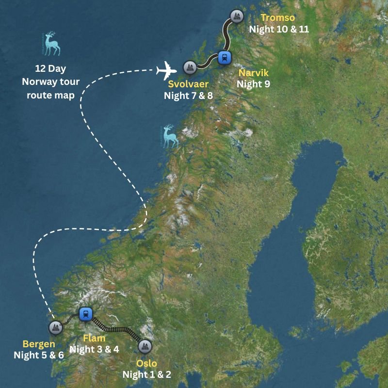 12 Days Norway Tour Route Map showing the complete travel itinerary from Oslo to Flåm, Bergen, Svolvær (Lofoten Islands), Narvik, and Tromsø, including scenic train journeys, domestic flights, road transfers, and overnight stays across Western and Northern Norway.