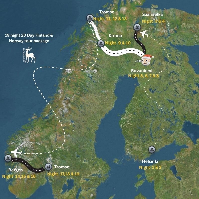 Map of a 19 Nights / 20 Days Finland & Norway Tour Package showing the travel route map from Helsinki to Saariselkä, Rovaniemi, Kiruna, Tromsø, Bergen, and Oslo, with flights, road transfers, and overnight stays marked across Finland, Sweden, and Norway.