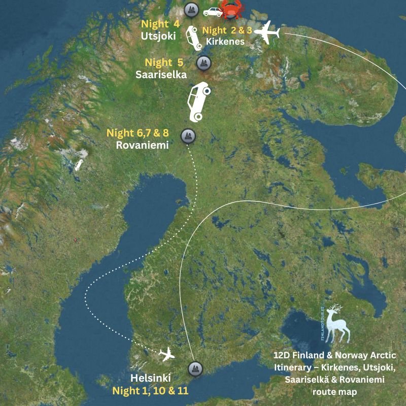 Map of a 12-day Finland and Norway Arctic itinerary showing the travel route from Helsinki to Kirkenes, Utsjoki, Saariselkä, and Rovaniemi, before returning to Helsinki. The map highlights overnight stays in Helsinki, Kirkenes, Utsjoki, Saariselkä, and Rovaniemi.