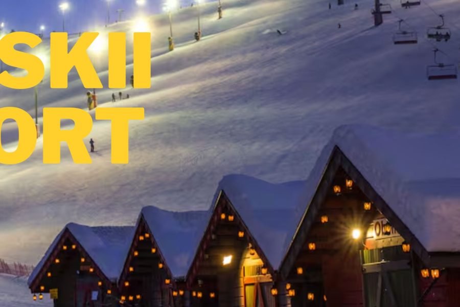 Levi Ski Resort in Finnish Lapland during winter, featuring snowy ski slopes, chairlifts and cozy cabins on a private Finland Northern Lights tour.